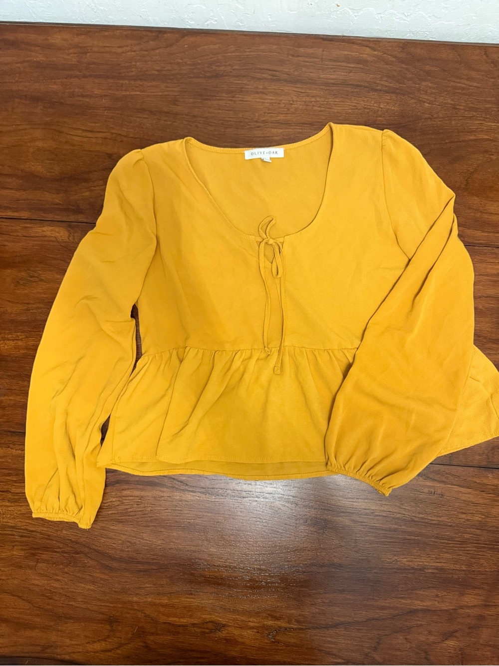Olive & Oak Golden Mustard Peplum Tie-Front Long Sleeve Top